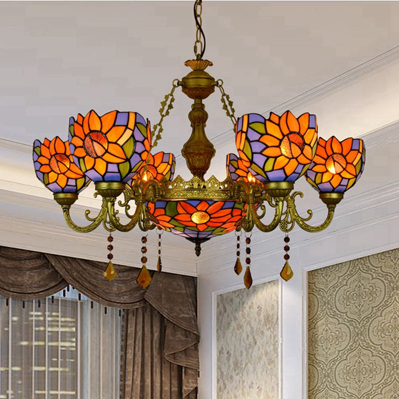 Tiffany Sunflower Chandelier in Glass and Bronze