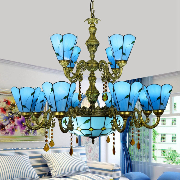 Antique 9-Light Stained Glass Chandelier in Sky Blue