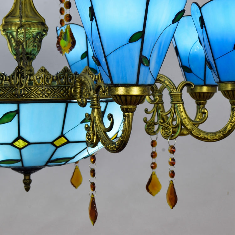Antique 9-Light Stained Glass Chandelier in Sky Blue