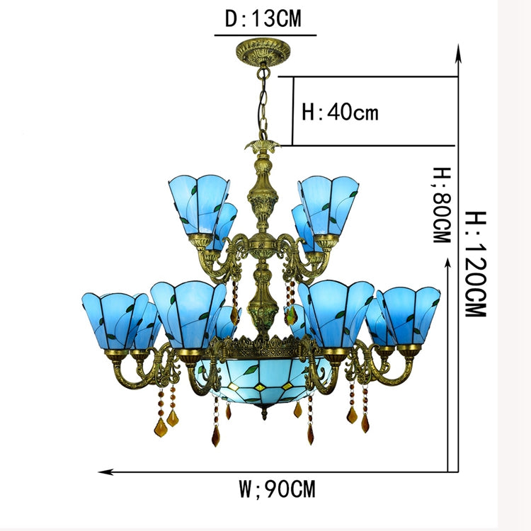 Antique 9-Light Stained Glass Chandelier in Sky Blue