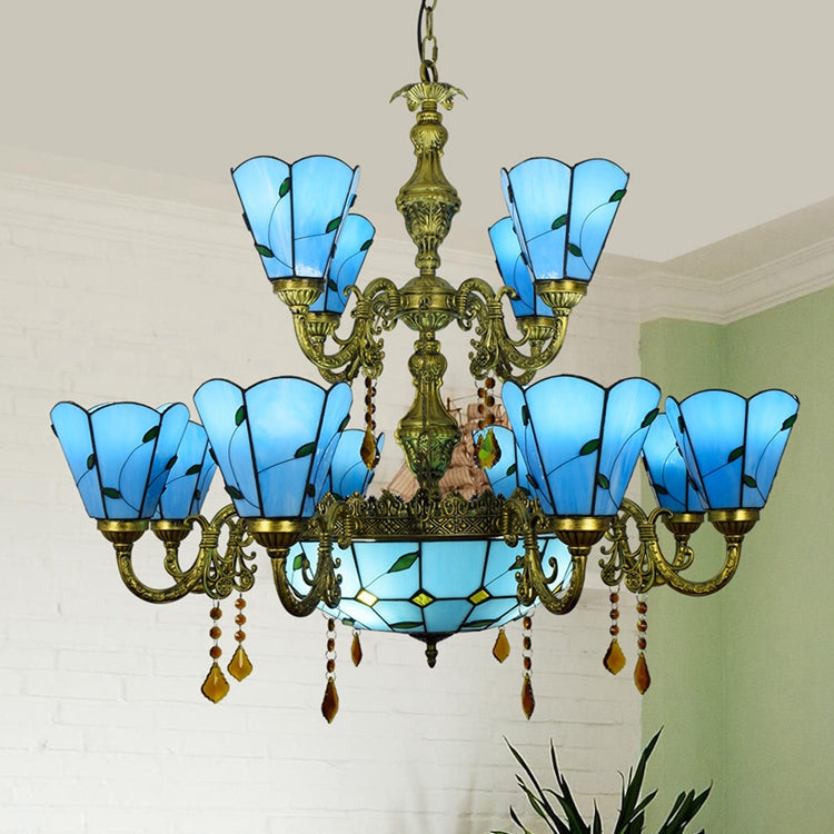 Antique 9-Light Stained Glass Chandelier in Sky Blue