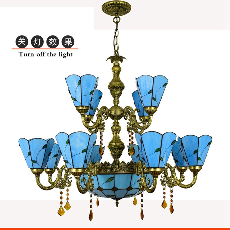 Antique 9-Light Stained Glass Chandelier in Sky Blue