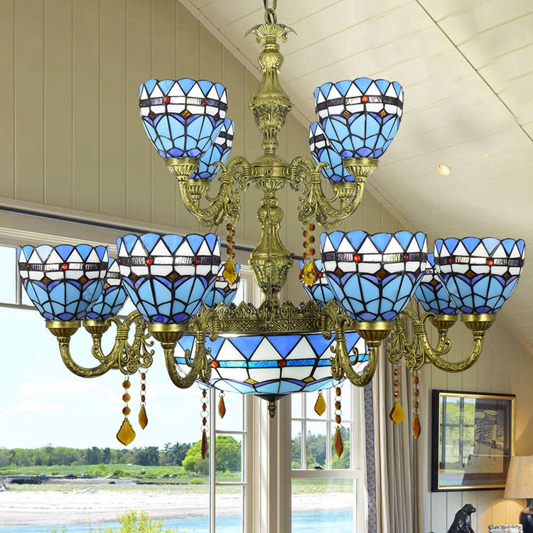 Vintage Tiffany Blue Stained Glass Chandelier with 8 Lights