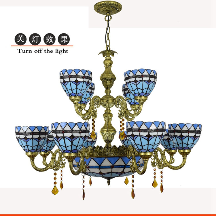 Vintage Tiffany Blue Stained Glass Chandelier with 8 Lights