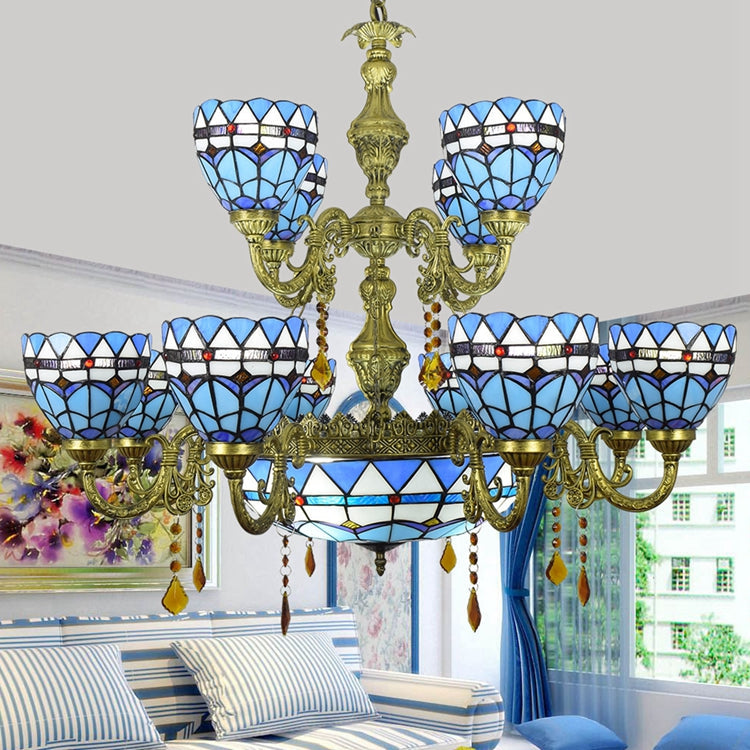 Vintage Tiffany Blue Stained Glass Chandelier with 8 Lights