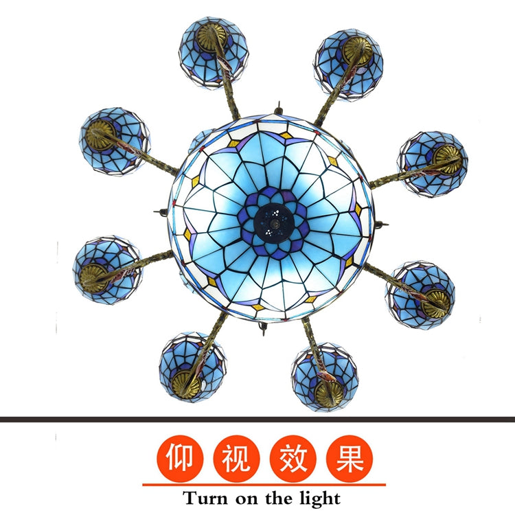 Vintage Tiffany Blue Stained Glass Chandelier with 8 Lights