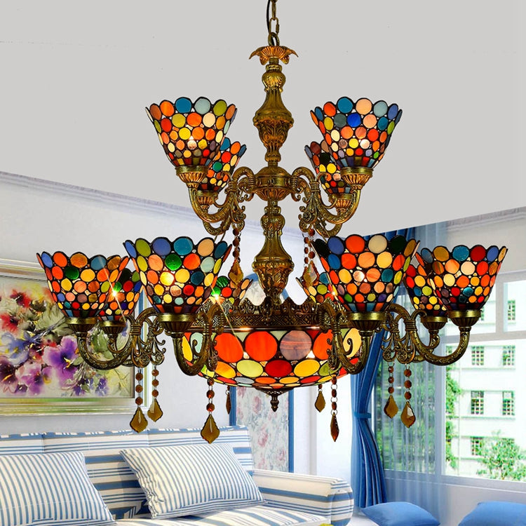 Vintage Tiffany Chandelier with Multicolored Glass Pendants