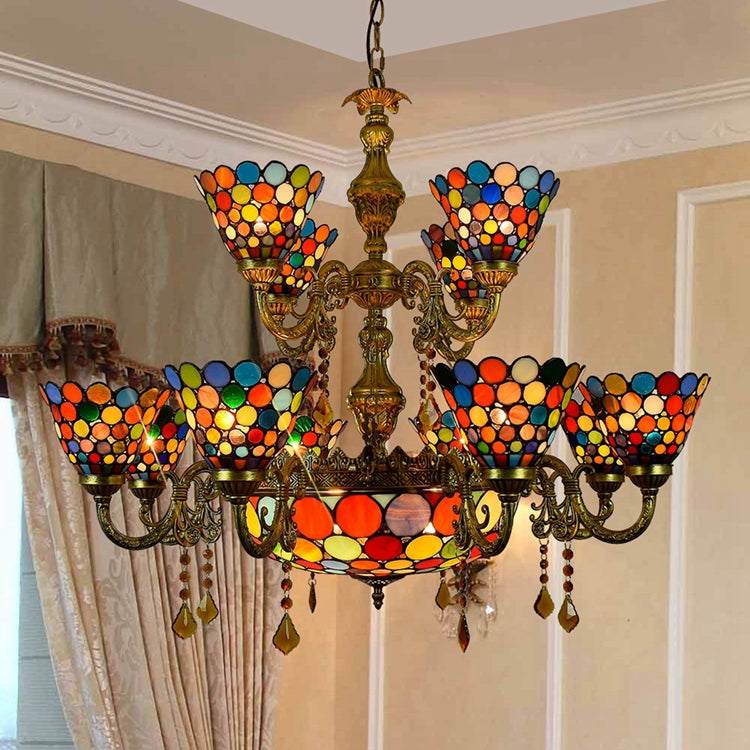 Vintage Tiffany Chandelier with Multicolored Glass Pendants