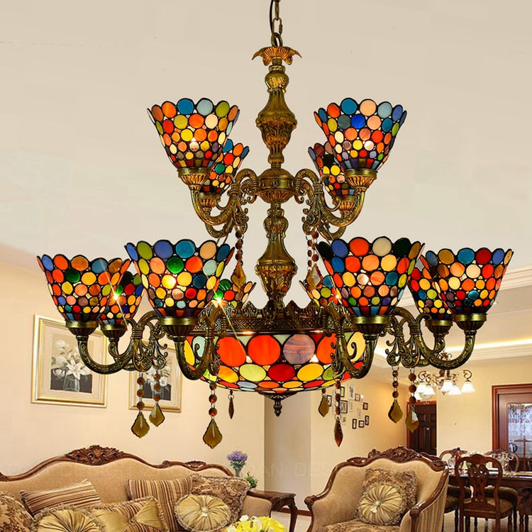 Vintage Tiffany Chandelier with Multicolored Glass Pendants