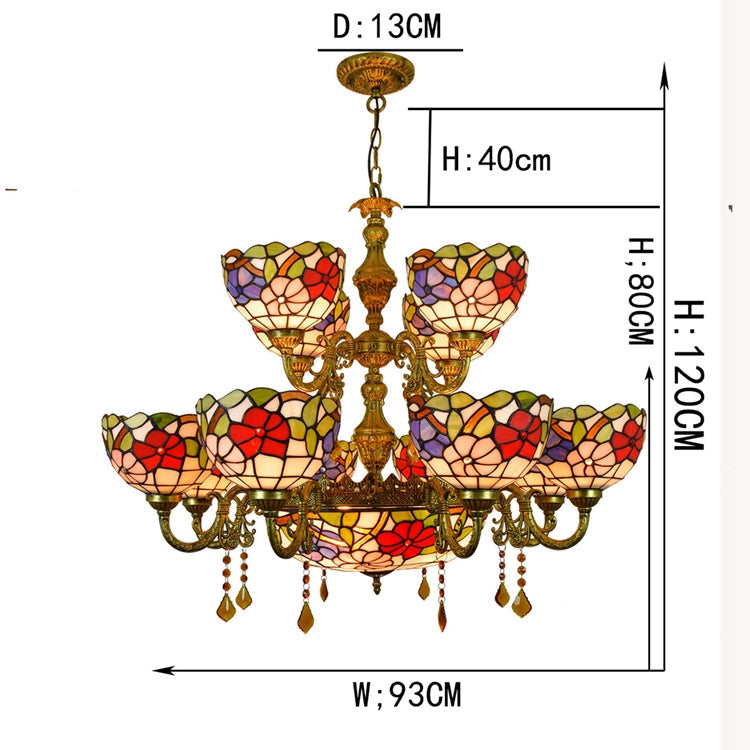 Tiffany Chandelier in Antique Bronze and Floral Stained Glass