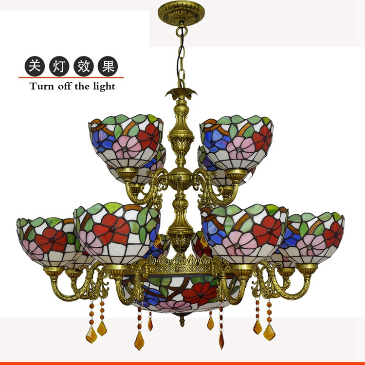 Tiffany Chandelier in Antique Bronze and Floral Stained Glass
