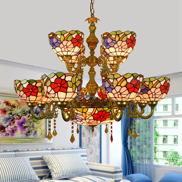 Tiffany Chandelier in Antique Bronze and Floral Stained Glass