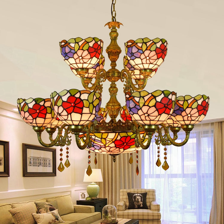 Tiffany Chandelier in Antique Bronze and Floral Stained Glass