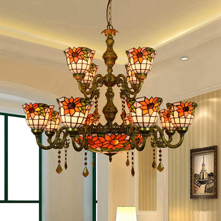 Antique Bronze Sunflowers Tiffany Style Stained Glass Chandelier