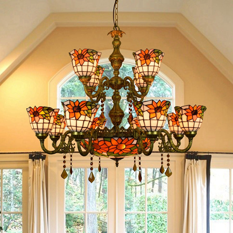 Antique Bronze Sunflowers Tiffany Style Stained Glass Chandelier