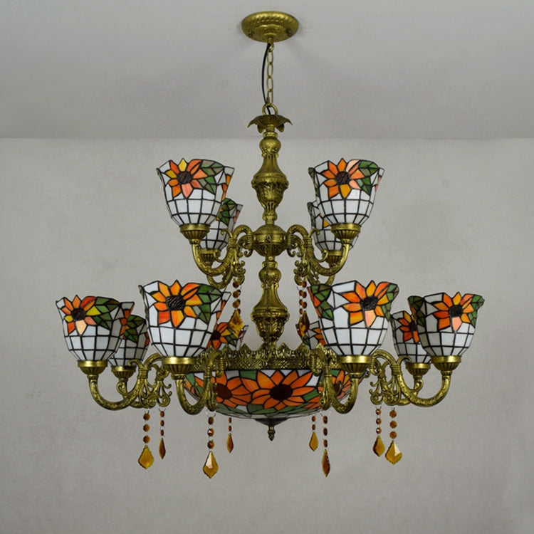 Antique Bronze Sunflowers Tiffany Style Stained Glass Chandelier