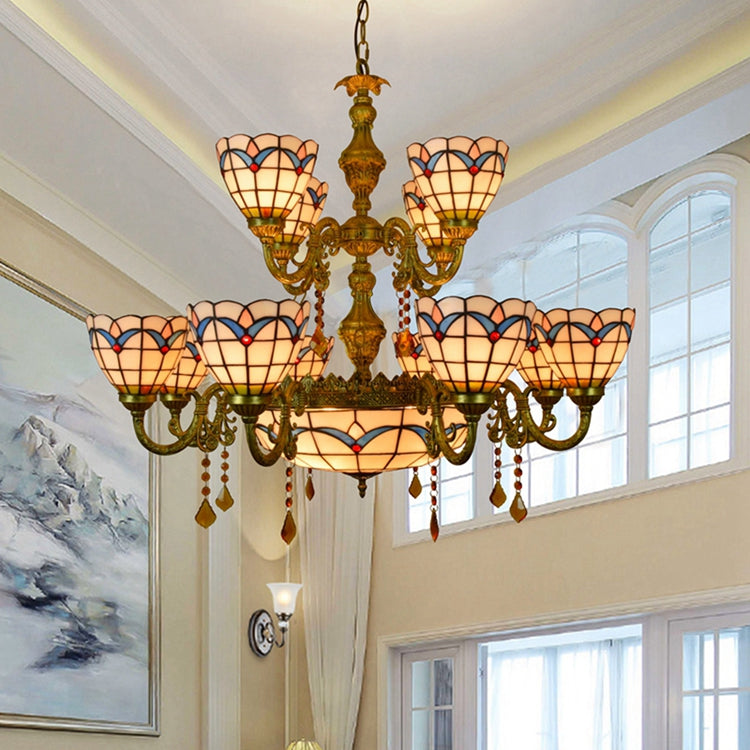 Antique Brass Chandelier and Scalloped Blue Stained Glass