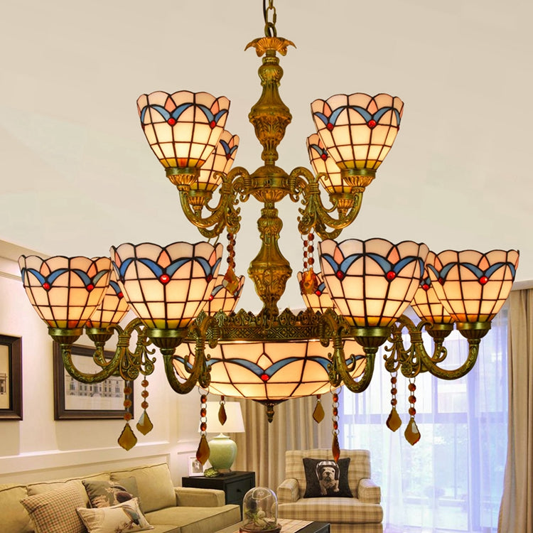 Antique Brass Chandelier and Scalloped Blue Stained Glass