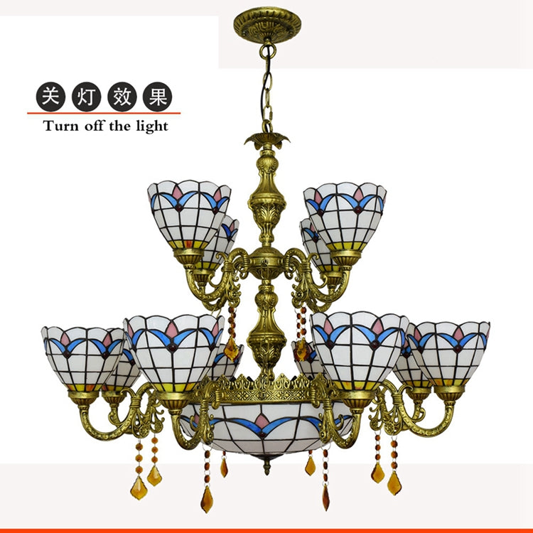 Antique Brass Chandelier and Scalloped Blue Stained Glass