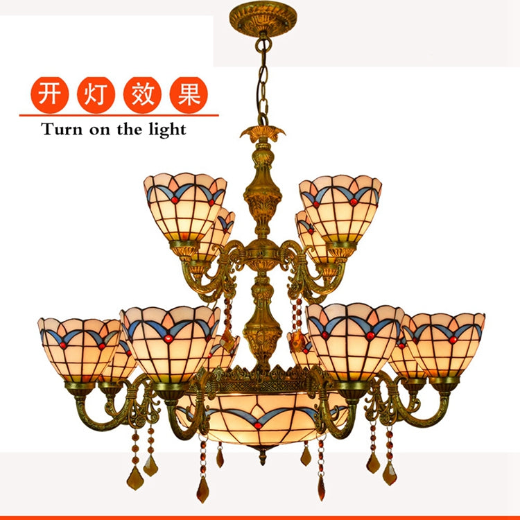 Antique Brass Chandelier and Scalloped Blue Stained Glass