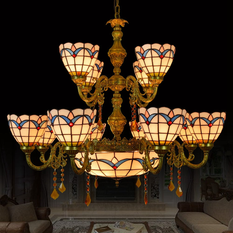 Antique Brass Chandelier and Scalloped Blue Stained Glass