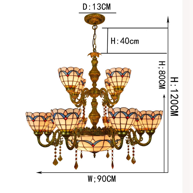 Antique Brass Chandelier and Scalloped Blue Stained Glass