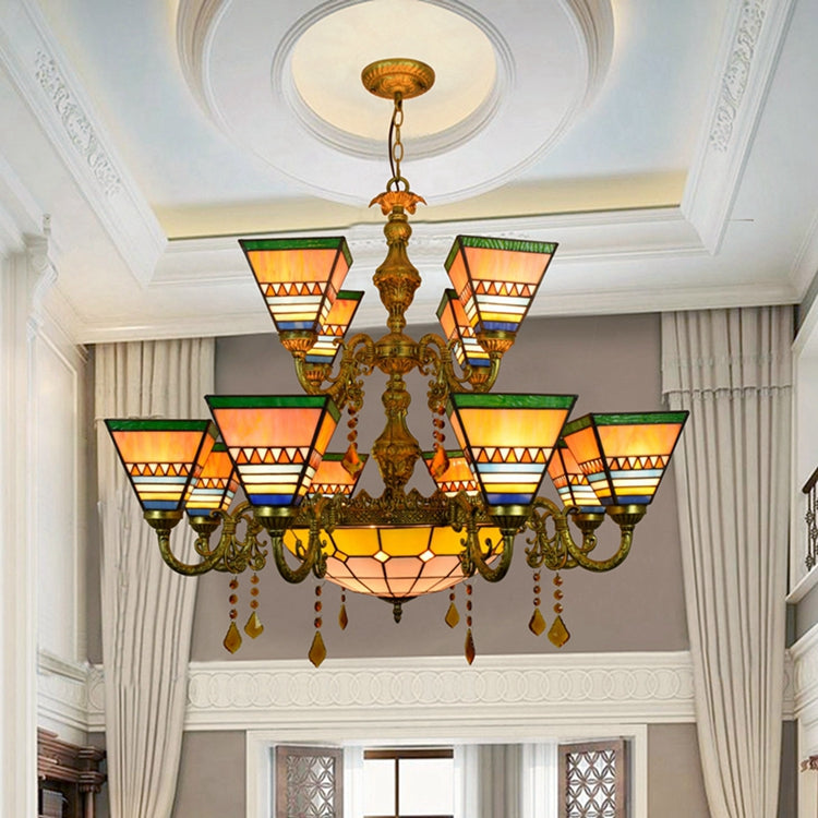 Tiffany Chandelier in Ornate Bronze with Stained Glass