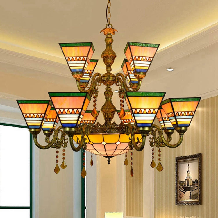 Tiffany Chandelier in Ornate Bronze with Stained Glass