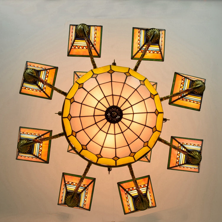 Tiffany Chandelier in Ornate Bronze with Stained Glass