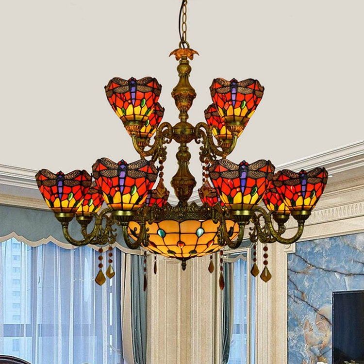 Bronze Dragonfly Tiffany Stained Glass Chandelier