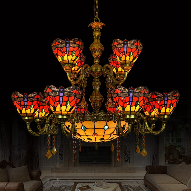 Bronze Dragonfly Tiffany Stained Glass Chandelier