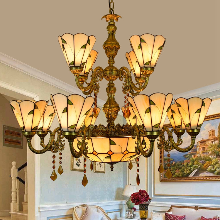 Tiffany-style chandelier in ornate bronze and stained glass
