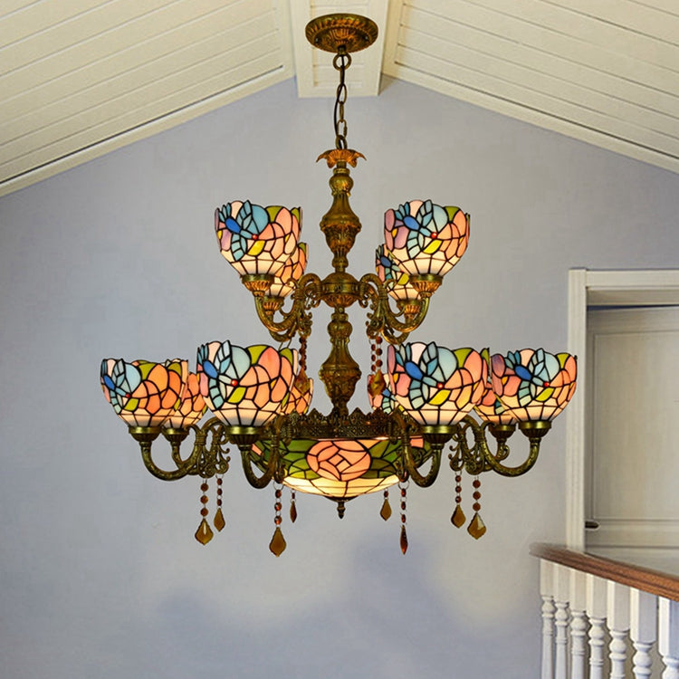 Floral Bronze Tiffany Style Stained Glass Chandelier