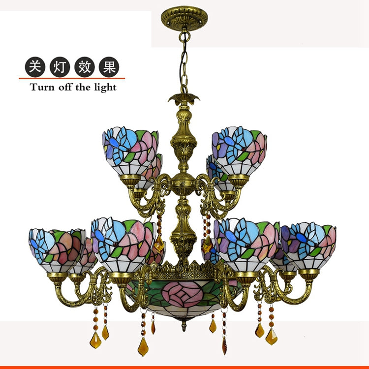 Floral Bronze Tiffany Style Stained Glass Chandelier