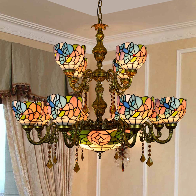 Floral Bronze Tiffany Style Stained Glass Chandelier