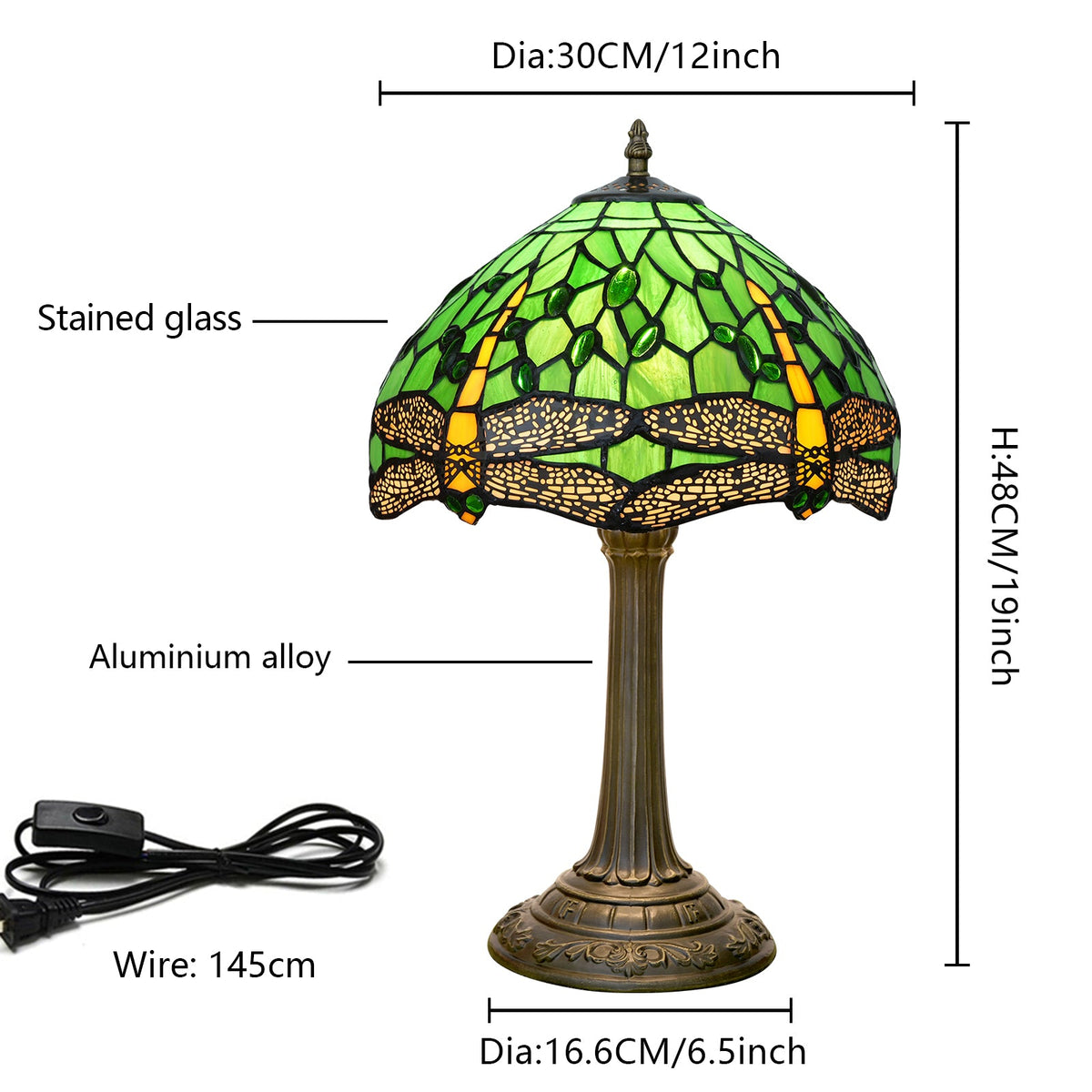 Tiffany Table Lamp in Green Stained Glass and Dragonflies