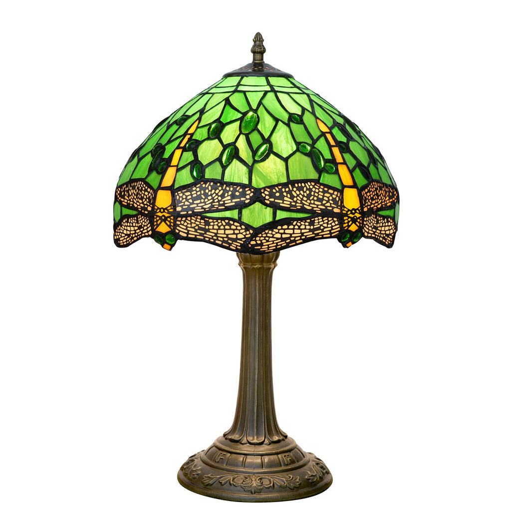 Tiffany Table Lamp in Green Stained Glass and Dragonflies