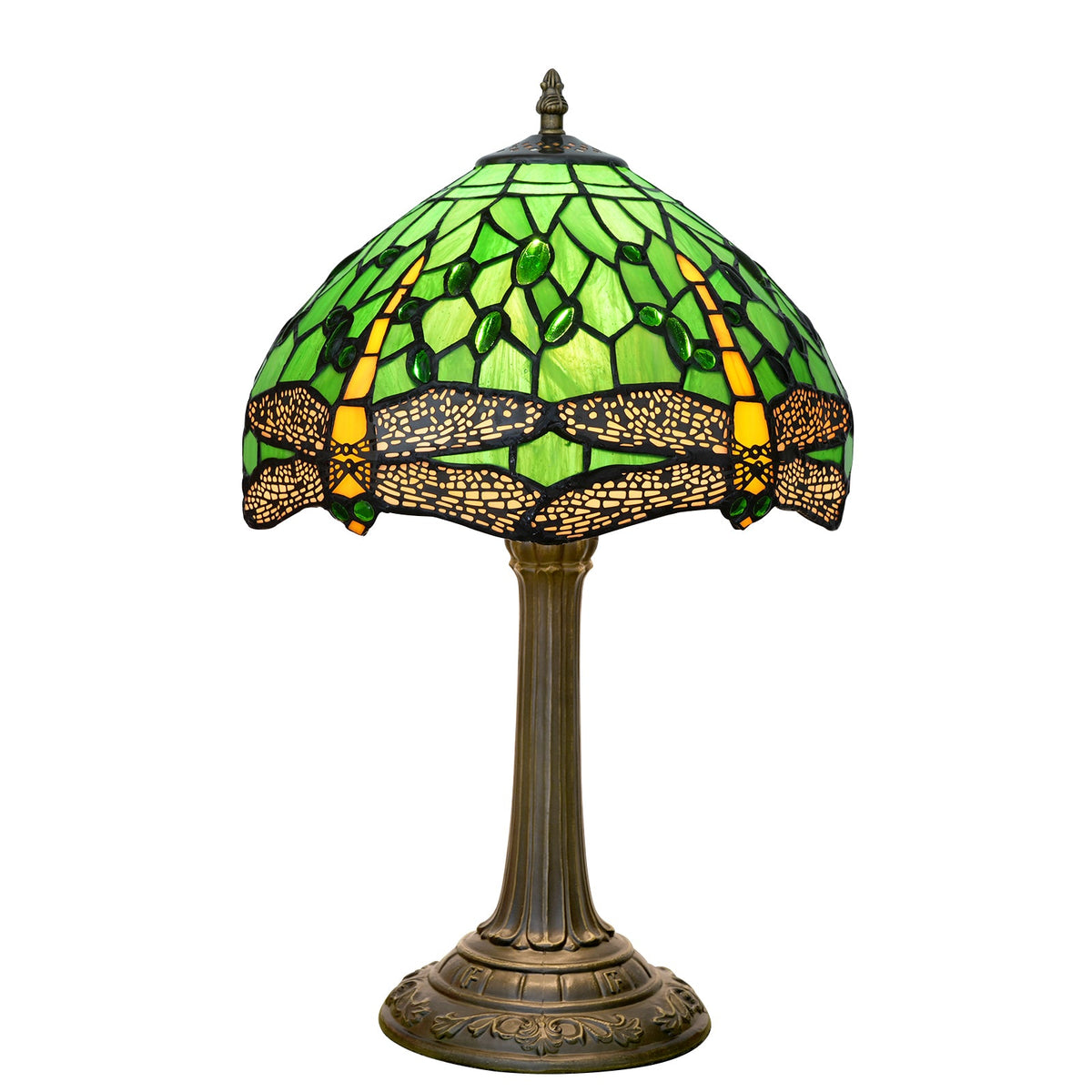 Tiffany Table Lamp in Green Stained Glass and Dragonflies