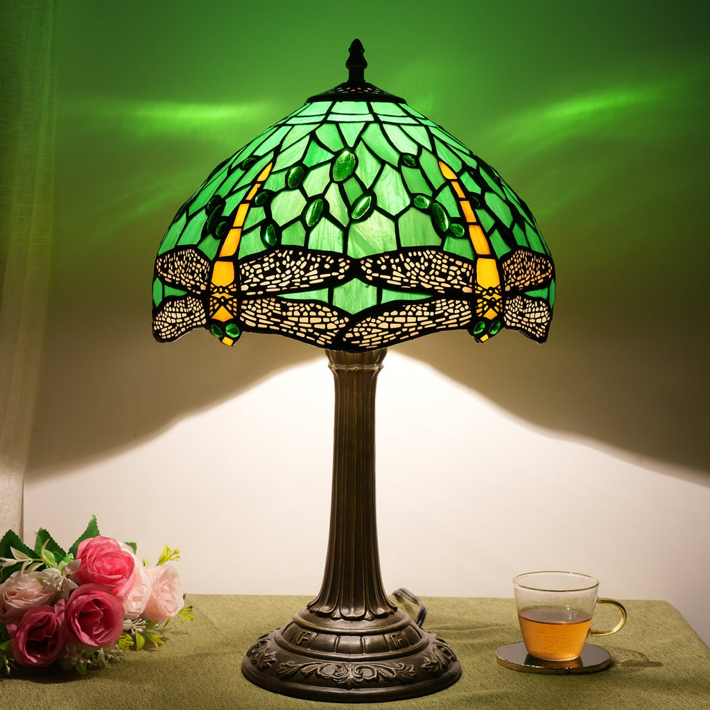 Tiffany Table Lamp in Green Stained Glass and Dragonflies