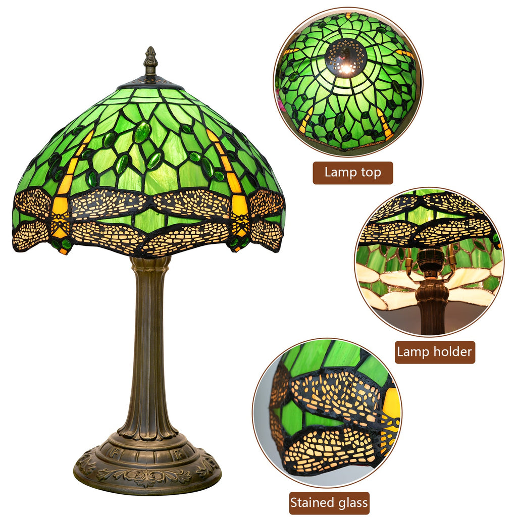 Tiffany Table Lamp in Green Stained Glass and Dragonflies