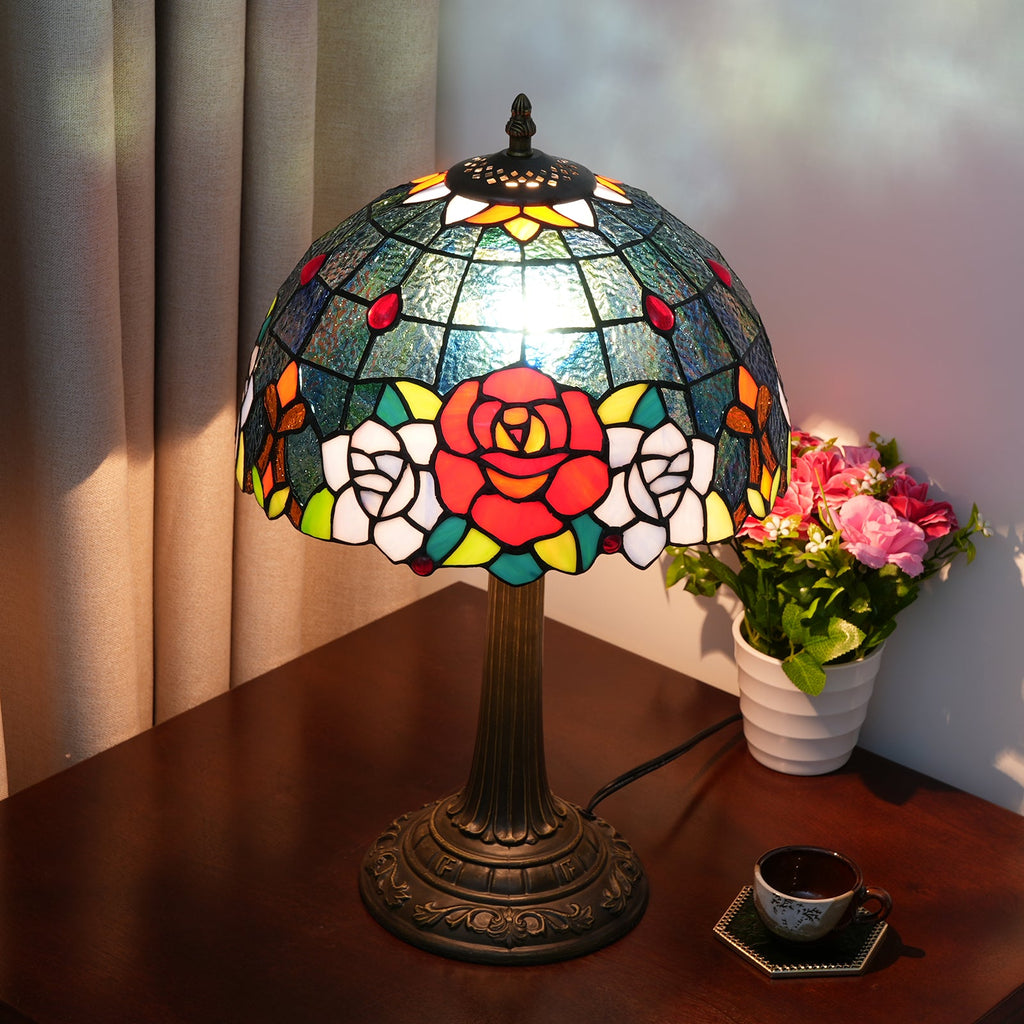 Tiffany-style stained glass table lamp with roses