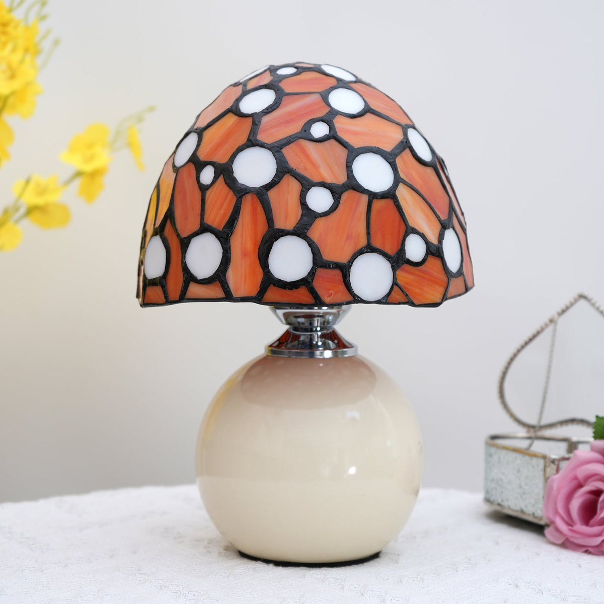 Mushroom Table Lamp, Orange and White Mosaic