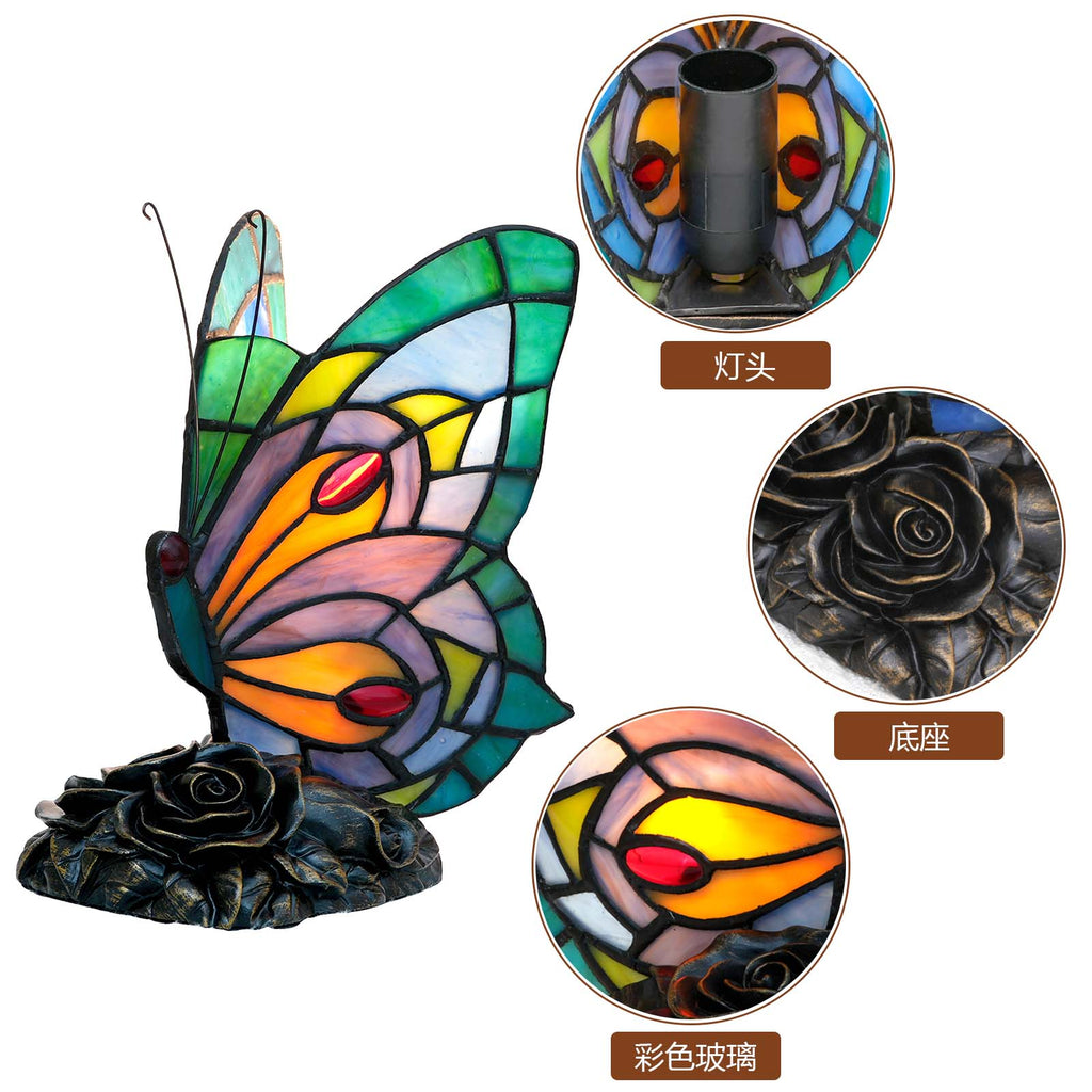 Butterfly Lamp in Multicolored Stained Glass and Roses