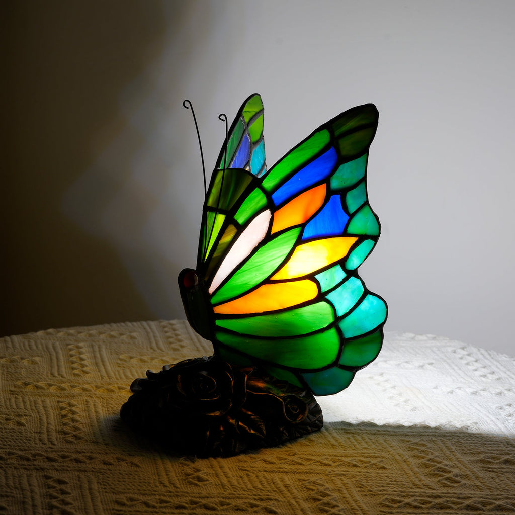 Multicolor Stained Glass Butterfly Decoration with Pink Base