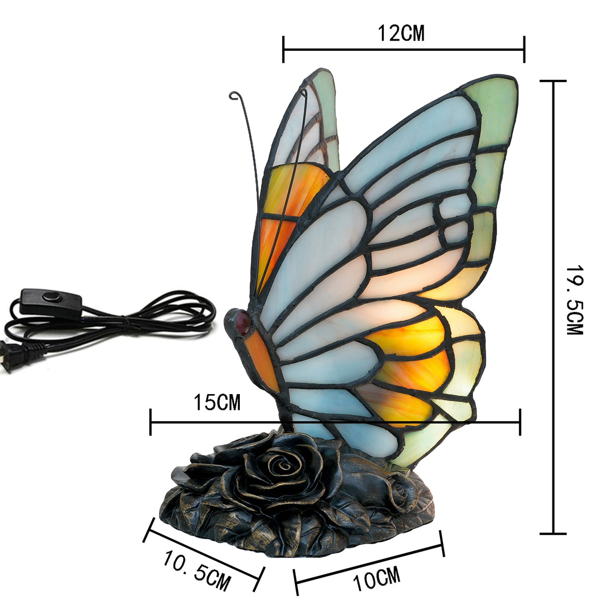 Butterfly Lamp in Multicolored Stained Glass and Roses