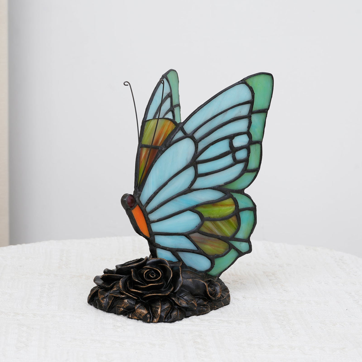 Butterfly Lamp in Multicolored Stained Glass and Roses