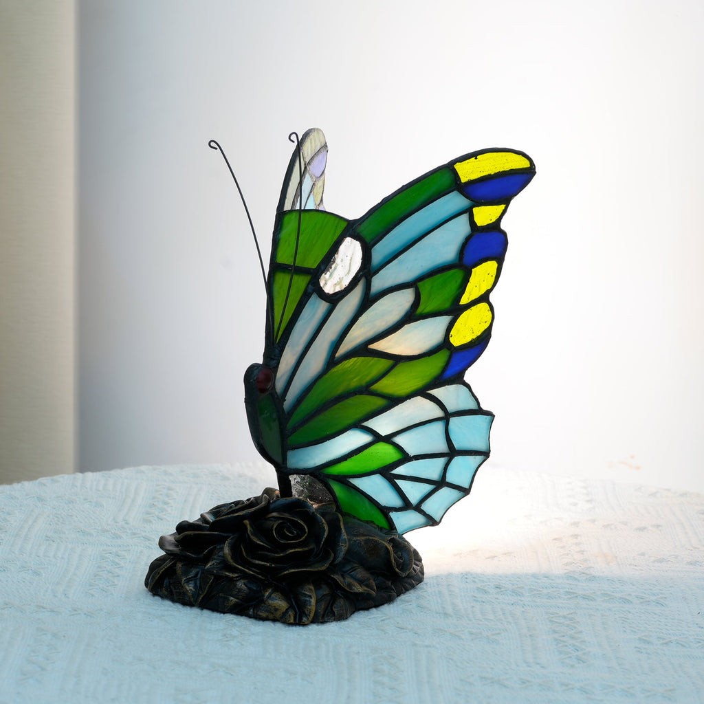 Multicolored Stained Glass Butterfly on a Rosebush Base