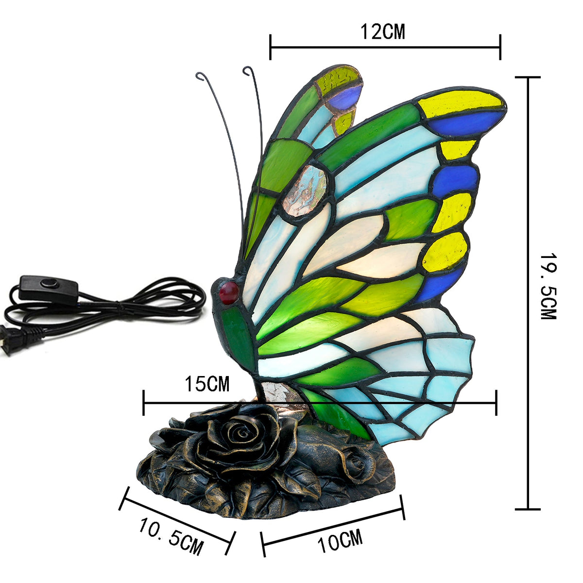 Multicolored Stained Glass Butterfly on a Rosebush Base
