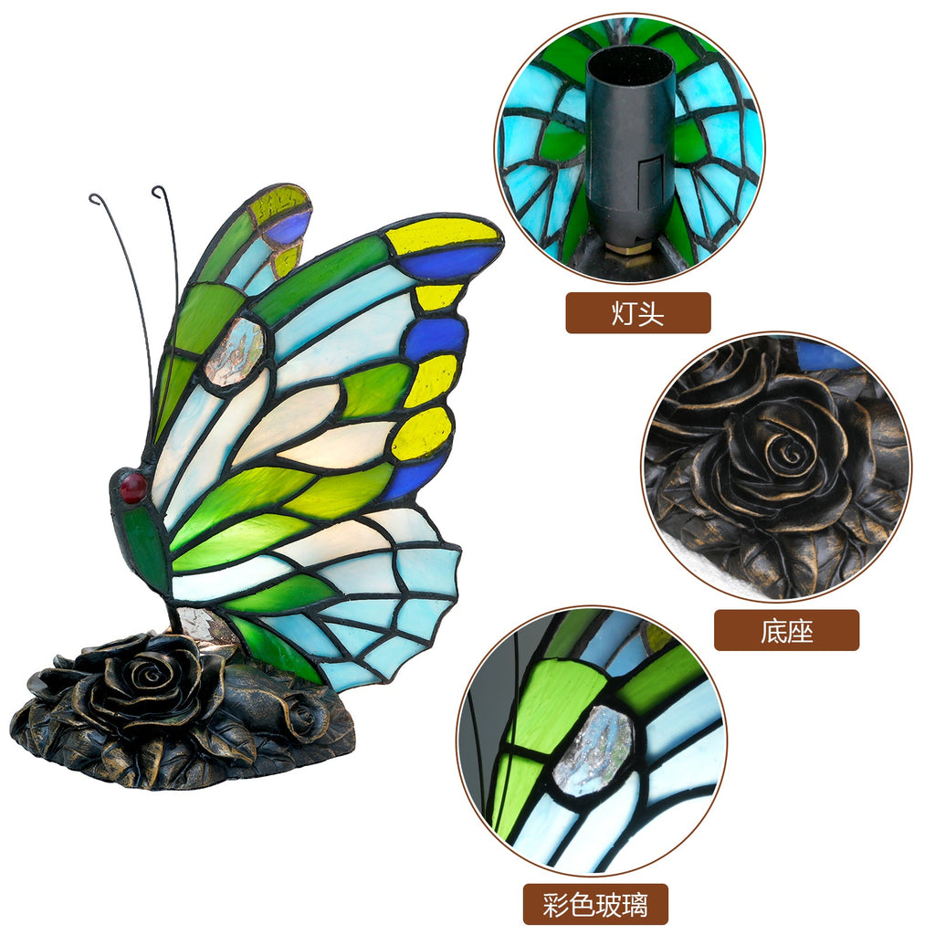 Multicolored Stained Glass Butterfly on a Rosebush Base