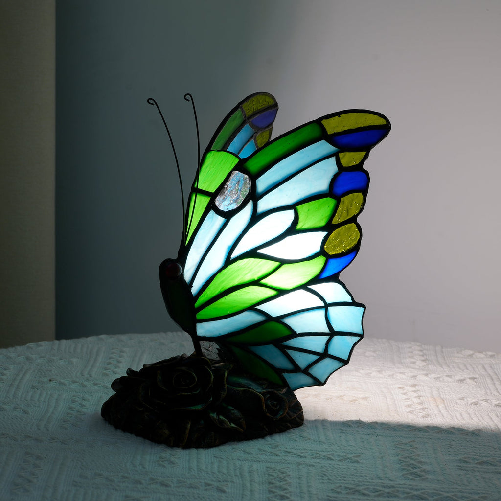 Multicolored Stained Glass Butterfly on a Rosebush Base